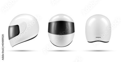Collection white motorcycle helmet vector illustration. Extreme sports safety equipment for driving