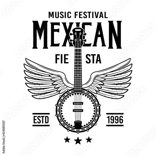 Mexican style vector emblem, badge, label or logos with banjo in monochrome vintage style isolated on white background