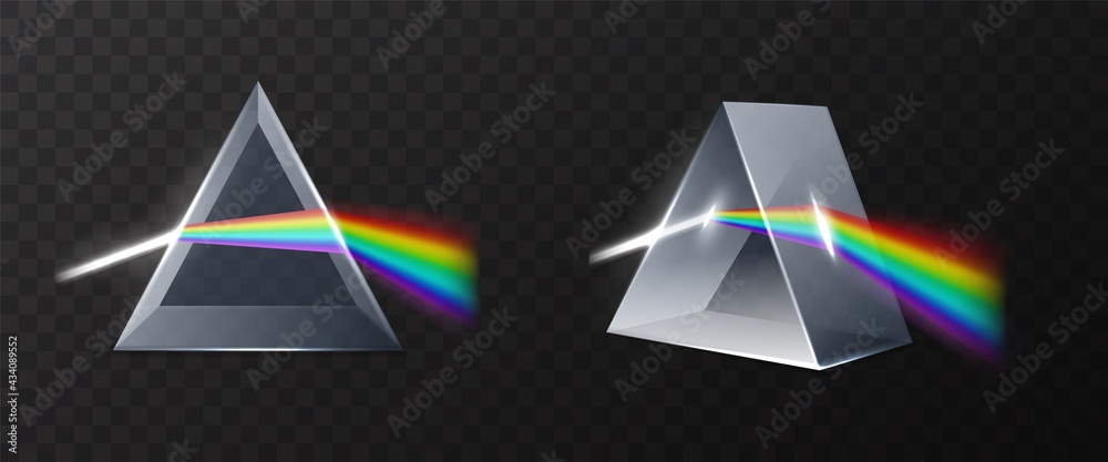 Light prism. Realistic glass pyramid with refracted laser ray, rainbow spectrum dispersion, 3d physical effect. Visible waves color rendering system white lights dispersion vector set