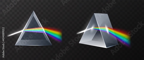 Light prism. Realistic glass pyramid with refracted laser ray, rainbow spectrum dispersion, 3d physical effect. Visible waves color rendering system white lights dispersion vector set