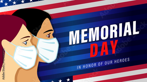 Memorial Day USA banner with people in medical mask and flag. Celebration design for US holiday with american men and women, text and flag on blue striped background. Vector illustration