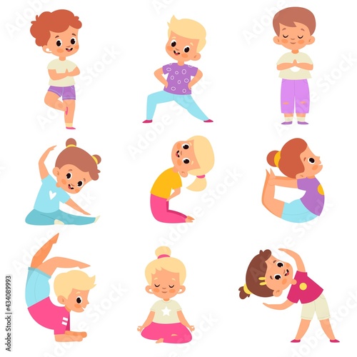 Children yoga. Cute kids yoga poses collection, happy flexible boys and girls in lotus meditation position, asana and balance, inner harmony healthy lifestyle. Vector cartoon isolated set