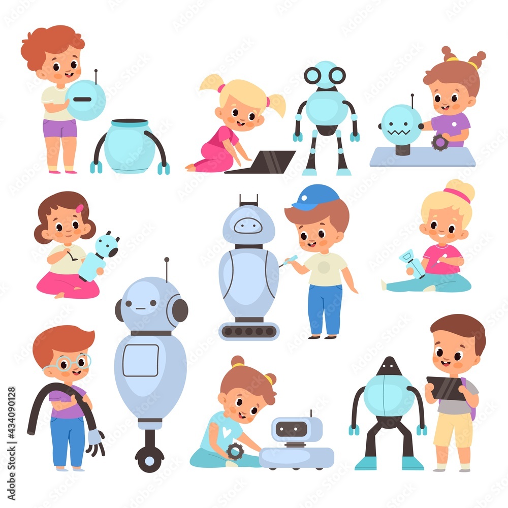 Kids with robots. Cartoon children invent mechanical toys. Happy boys and girls learn to assemble and program androids. Clever babies play with automatons. Vector pupils repair cyborgs Kids with robots. Cartoon children invent mechanical toys. Happy boys and girls learn to assemble and program androids. Clever babies play with automatons. Vector pupils repair cyborgs