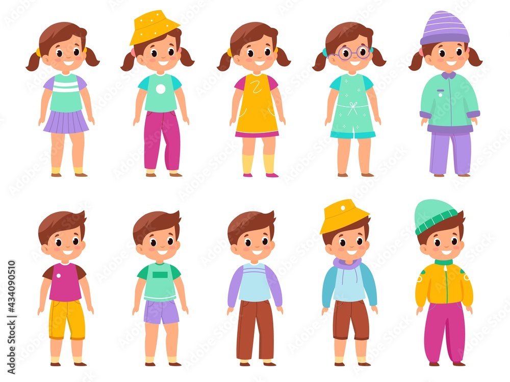 Kids different wearing. Boys and girls in diverse colorful outfits, children and teenagers various modern clothes, young fashion models, little fashionistas. Vector cartoon isolated set