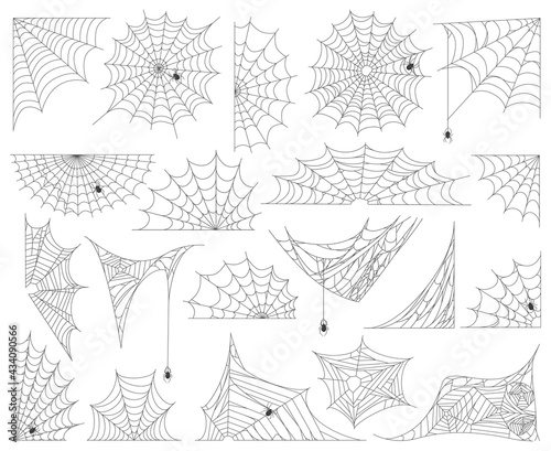 Halloween spider web. Spooky spider cobweb, spider insects torn web silhouette vector illustration set. Spider web scary halloween decor