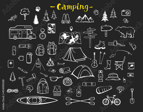 Camping, hiking, trekking adventure essential tools equipment items doodle silhouette set