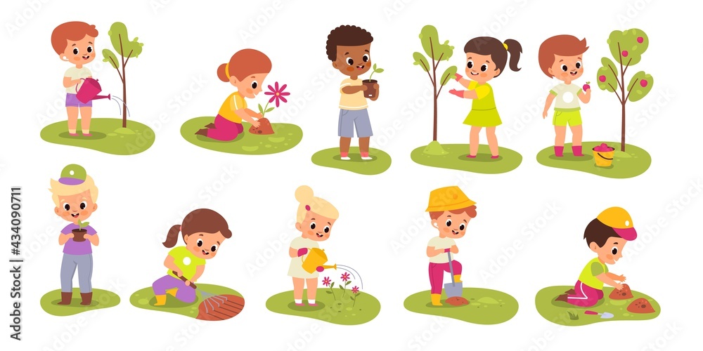Kid gardener. Children work in garden. Babies watering trees and picking apple harvest. Boys planting seedlings. Girls taking care of flowers. Vector scenes set with pupils growing plants