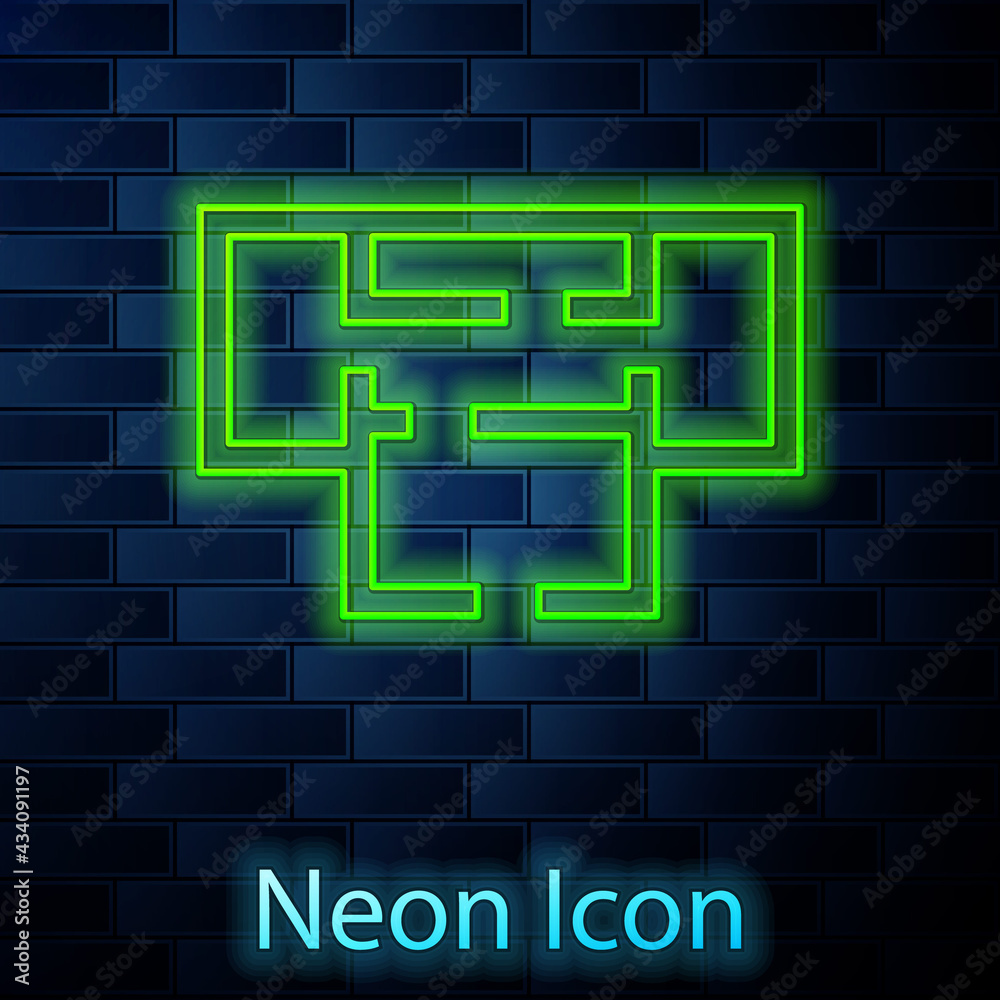Glowing neon line House plan icon isolated on brick wall background. Vector Glowing neon line House plan icon isolated on brick wall background. Vector