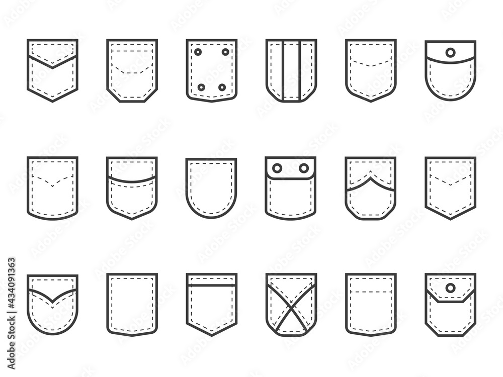 Patch pocket. Clothes pouches with flaps, buttons and decor seams. Types  set of decorative elements for jeans or shirt. Black and white fashion  sewing template. Vector tailors mockup Stock Vector