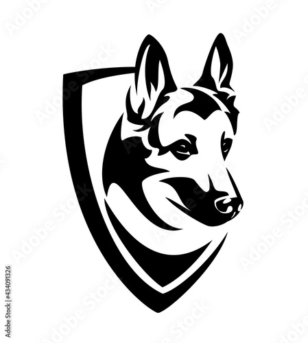 german shepherd or belgian malinois head and heraldic shield - guard dog insignia badge black and white vector design