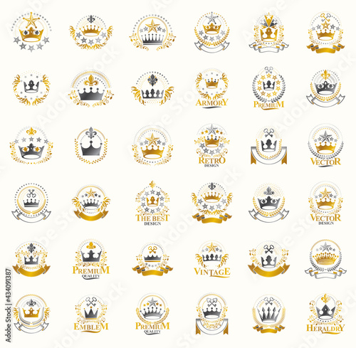 Crowns vintage heraldic emblems vector big set, antique heraldry symbolic badges and awards collection with coronets, classic style design elements, family emblems.