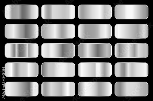 Metallic gradient collection with shiny silver hologram. Holographic foil texture, chrome metal gradation. Vector set for frame, ribbon, border, cover, banner, other design