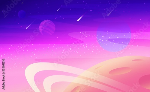 Abstract colorful vector illustration with far planet and open space. Outer space purple backdrop. Universe. Magenta blur. Space scene.