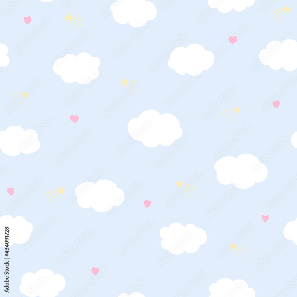 Vector seamless pattern with clouds and hearts on blue background. For wallpapers, fabric, textile and linen, print clothes and pajamas, gift and wrapping paper, invitation to pajama party.