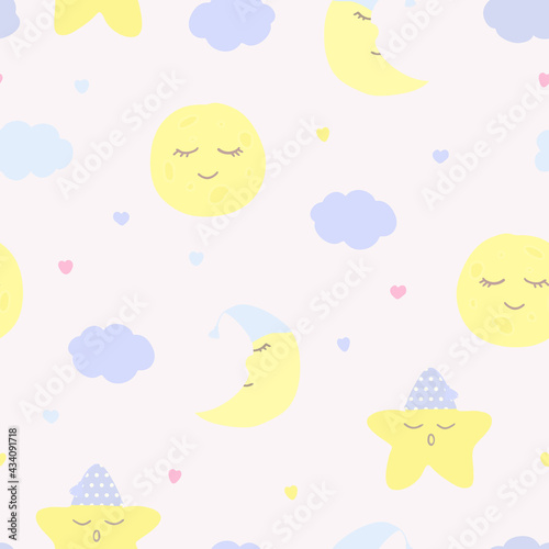 Vector seamless pattern with moon (crescent), stars, and clouds on white. For wallpapers, fabric, textile and linen, print clothes and pajamas, gift and wrapping paper, invitation to pajama party.