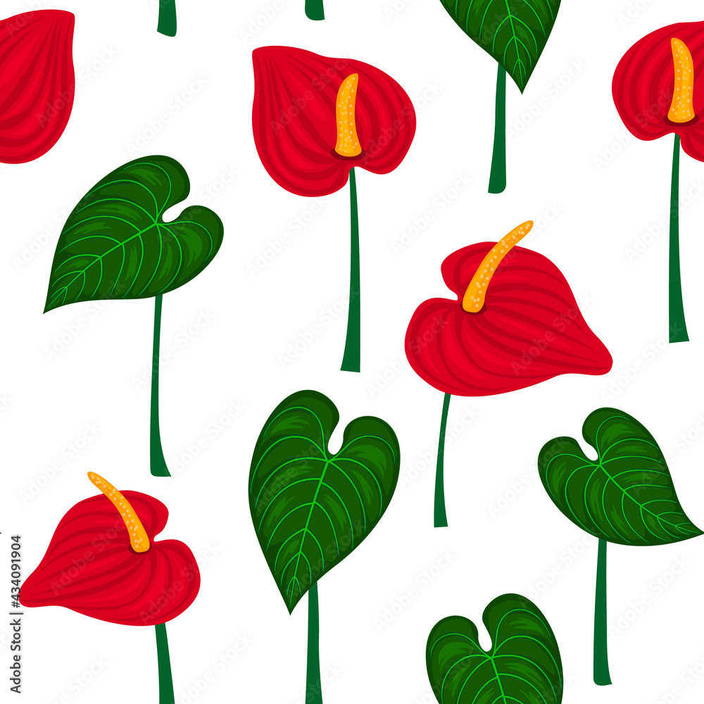 Obraz premium seamless pattern with anthurium flowers and leaves. floral repeatable texture