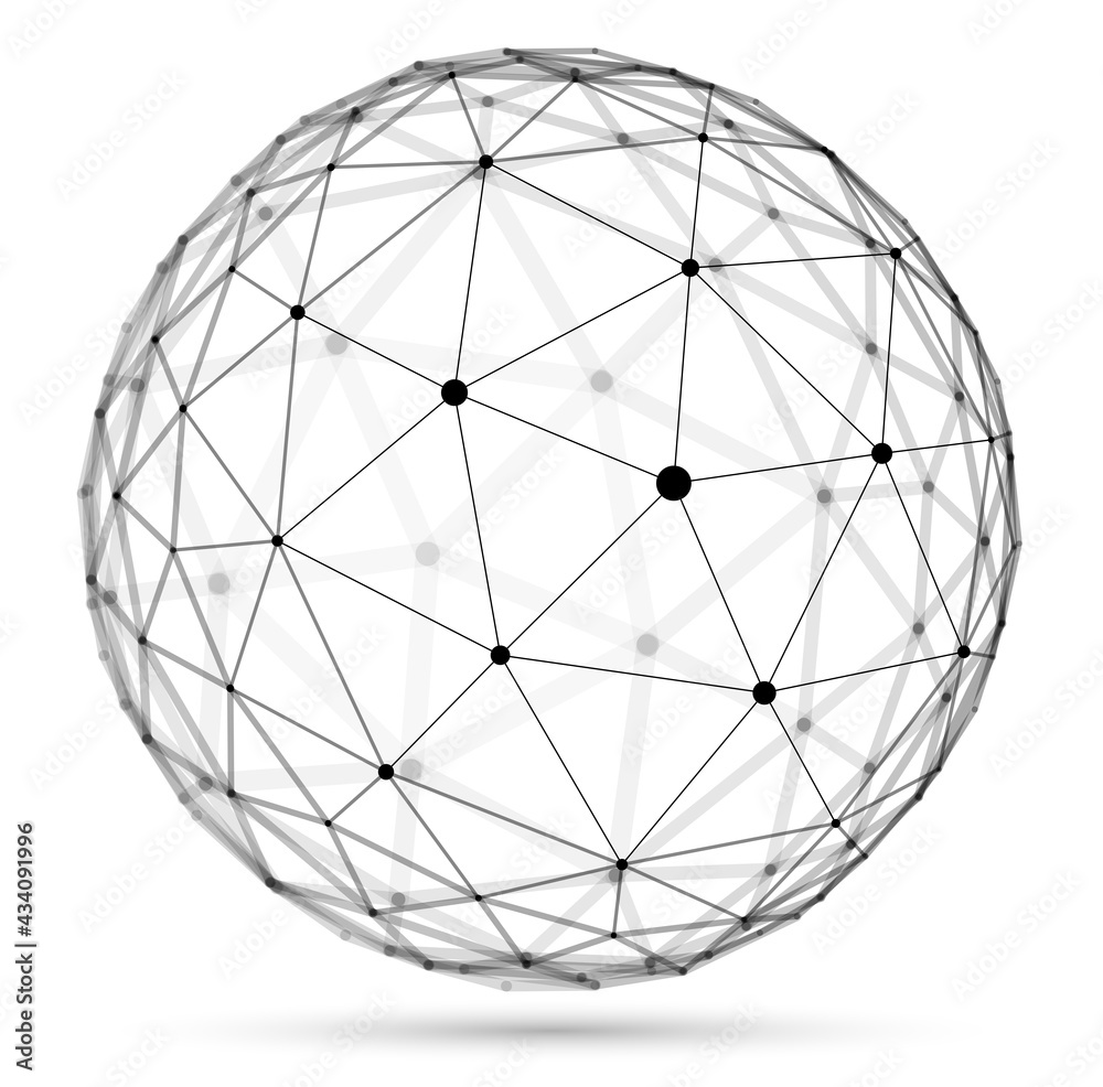 Abstract 3D mesh sphere vector illustration, dots connected with lines technology polygonal object isolated on white background, dynamic lattice with realistic depth of field effect. Abstract 3D mesh sphere vector illustration, dots connected with lines technology polygonal object isolated on white background, dynamic lattice with realistic depth of field effect.
