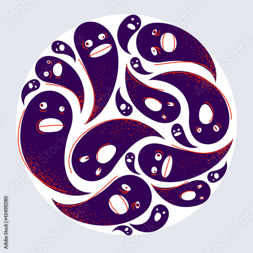 Ghosts round composition in a circle vector design illustration, horror and fear theme concept, phobia of paranormal, dead spirits.