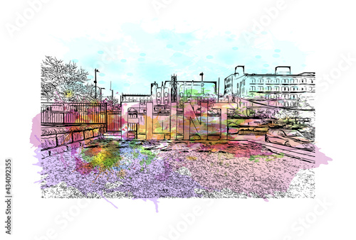 Building view with landmark of Flint is the 
city in Michigan. Watercolor splash with hand drawn sketch illustration in vector.