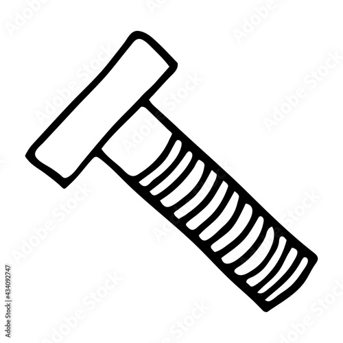 Handdrawn bolt with nut doodle icon. Hand drawn black sketch. Sign cartoon symbol. Decoration element. White background. Isolated. Flat design. Vector illustration.