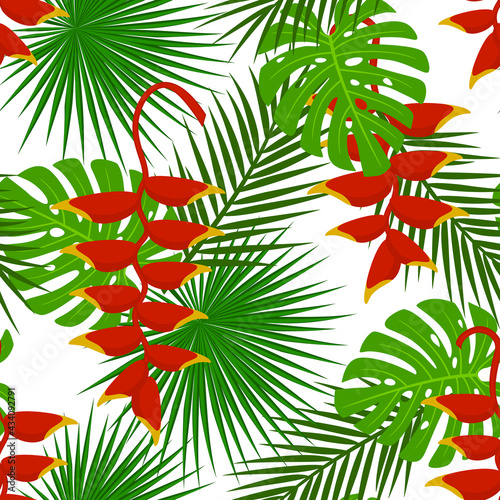Fototapeta Naklejka Na Ścianę i Meble -  tropical floral plants seamless pattern with heliconia flower palm leaves
