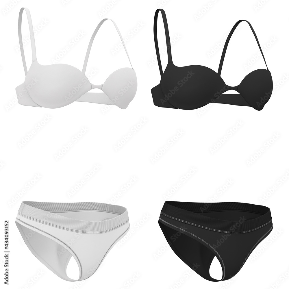 Simple open womens bikini swimsuit, lingerie underwear. Female bra and briefs. 3d realistic black and white mock up. Simple open womens bikini swimsuit, lingerie underwear. Female bra and briefs. 3d realistic black and white mock up.