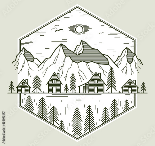 Rural village in mountains range linear vector emblem isolated on white, wooden houses in trees forest line art logo, countryside log cabins cottages, travel in wilderness for rest.