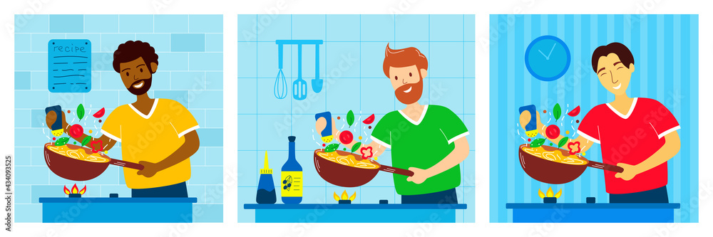 Men from different ethnic groups prepare meals in the kitchen. The guy salts food in a wok pan. Husband's household chores. Concept for stay-at-home dad doing domestic chores. Vector illustration Men from different ethnic groups prepare meals in the kitchen. The guy salts food in a wok pan. Husband's household chores. Concept for stay-at-home dad doing domestic chores. Vector illustration
