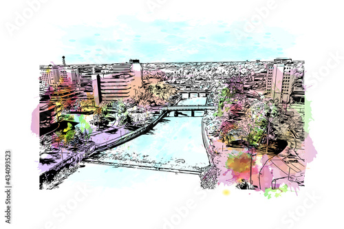Building view with landmark of Flint is the 
city in Michigan. Watercolor splash with hand drawn sketch illustration in vector.