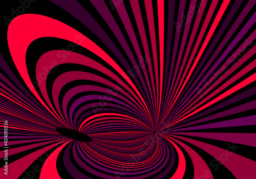 Psychedelic red colored optical illusion lines vector insane art background, LSD hallucination delirium, surreal op art linear curves in hyper 3D perspective, hypnotic design.