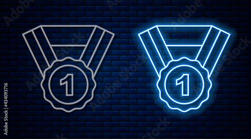 Glowing neon line Dog award symbol icon isolated on brick wall background. Medal with dog footprint as pets exhibition winner concept. Vector