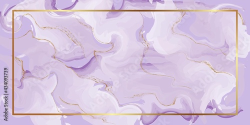 Lilac marble background with gold textures and gold rectangular frame. Abstract watercolor purple palette. Liquid marble painting.Interior design. Spring wedding invitation.