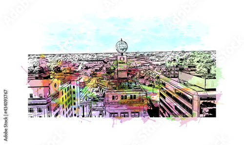 Building view with landmark of Flint is the 
city in Michigan. Watercolor splash with hand drawn sketch illustration in vector.