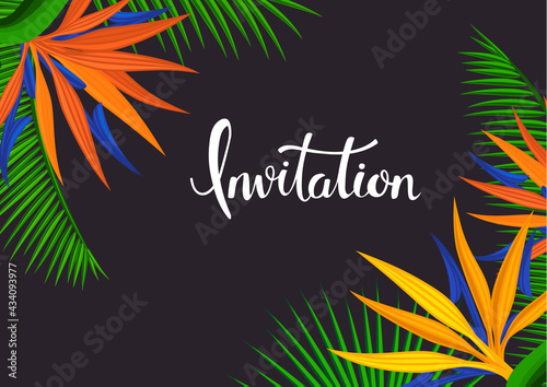 Wallpaper Mural tropical invitation card background with strelitzia flowers, palm leaves on black backdrop Torontodigital.ca