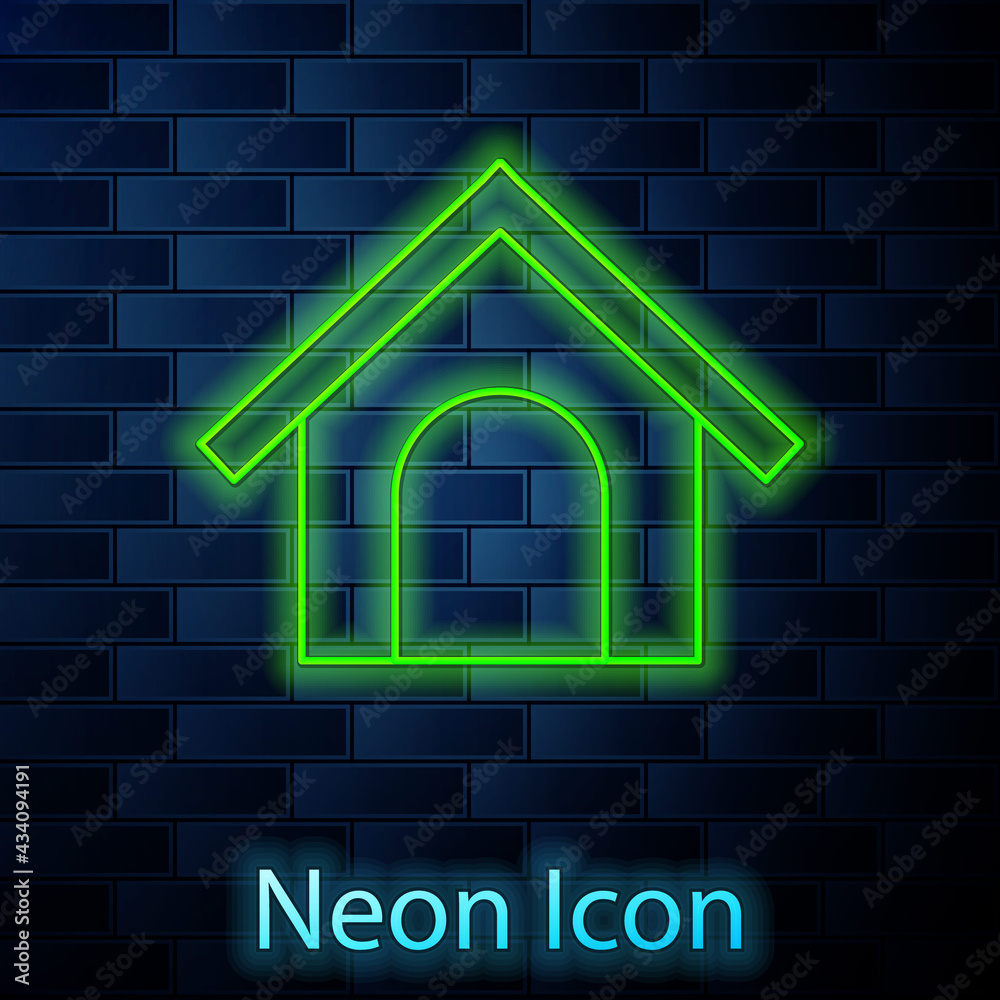 Glowing neon line Dog house icon isolated on brick wall background. Dog kennel. Vector Glowing neon line Dog house icon isolated on brick wall background. Dog kennel. Vector