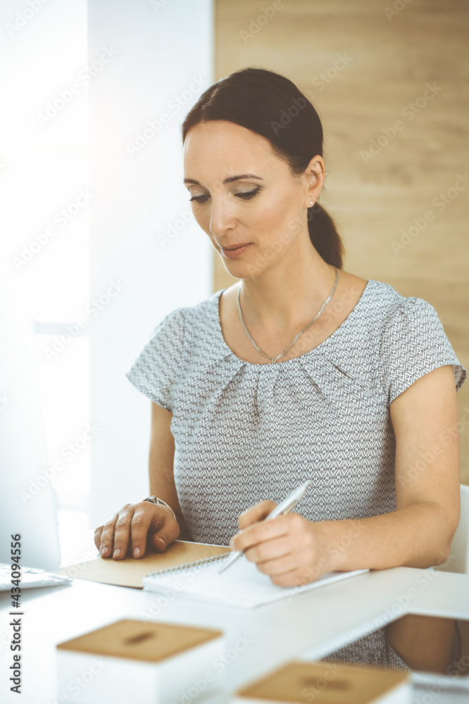 Cheerful smiling businesswoman working with computer while sitting at the desk in sunny office. Middle aged female lawyer or auditor at work Cheerful smiling businesswoman working with computer while sitting at the desk in sunny office. Middle aged female lawyer or auditor at work