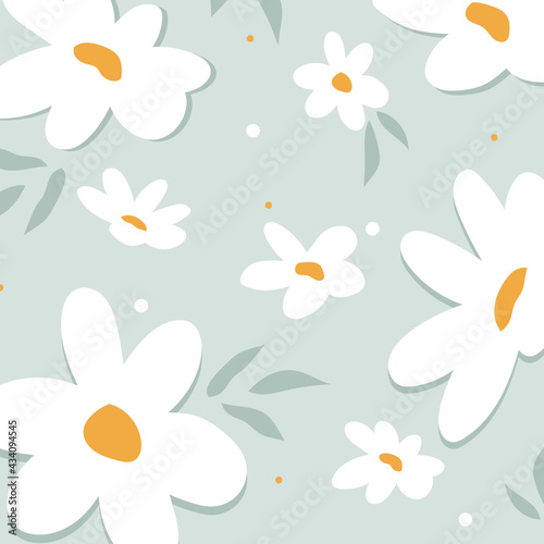 Floral seamless pattern with daisies flowers. Floral background design. Gentle pretty romantic pattern with chamomile. Design element for texture for print, textile, fabric, wallpaper,...