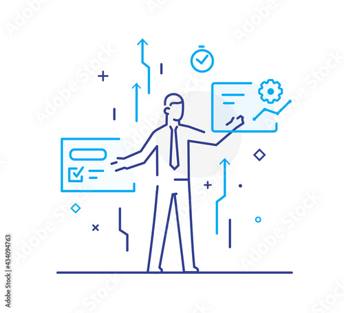 businessmen staff development. Workflow, growth, graphics. Business development, milestones. linear illustration Icons infographics. Landing page site print poster