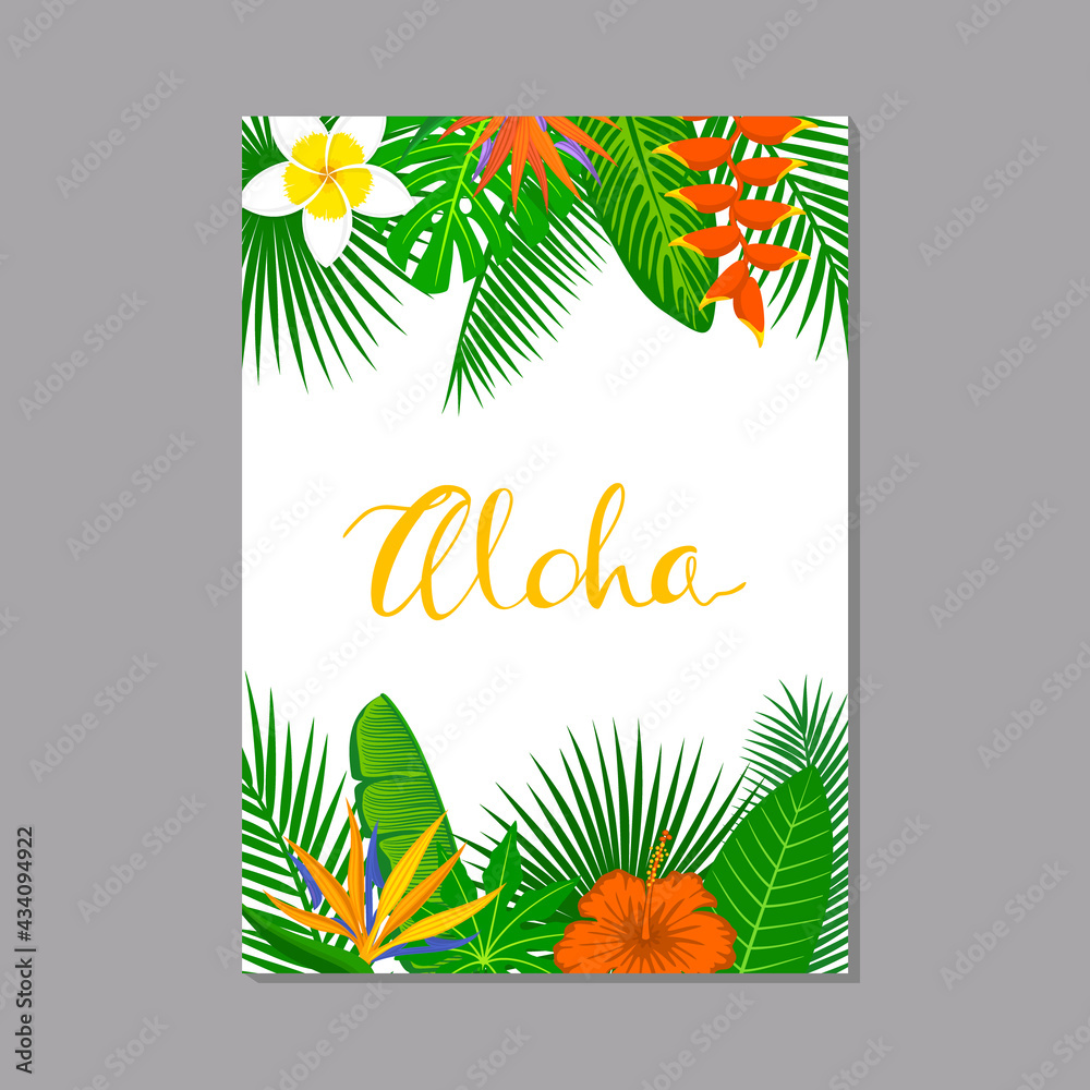 tropical exotic leaves and flowers plants vertical border frame ...