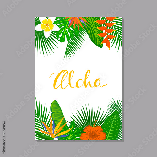 tropical exotic leaves and flowers plants vertical border frame background. floral foliage backdrop with palm tree banana monstera leaf hibiscus heliconia bird of paradise frangipani in a4 format