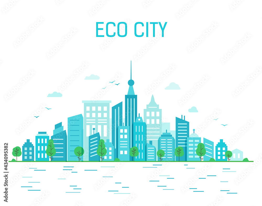 Urban landscape. Poster with an ecological green city.