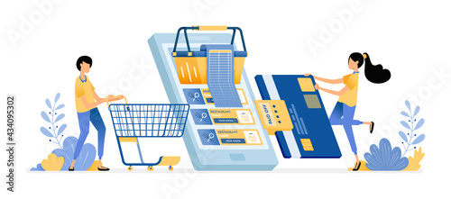Pay shopping bills by credit card. People grocery shopping at online supermarkets with mobile apps. Vector design illustration can be used for poster, banner, ads, website, web, marketing, flyer