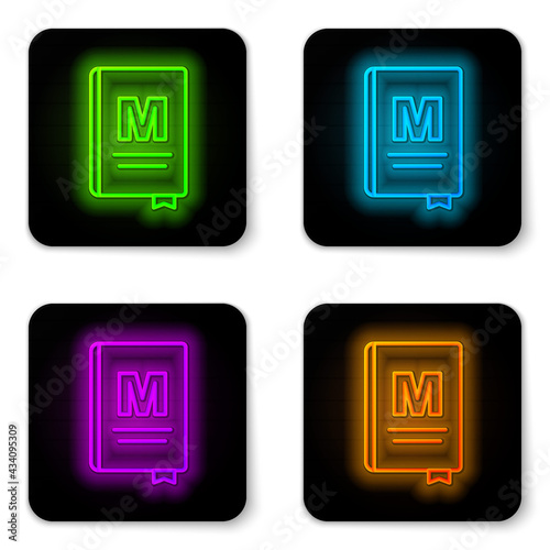 Glowing neon line Restaurant cafe menu icon isolated on white background. Black square button. Vector
