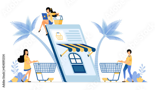 People shop for daily necessities using e-commerce mobile apps.  Vector design illustration can be used for poster, banner, ads, website, web, marketing, flyer