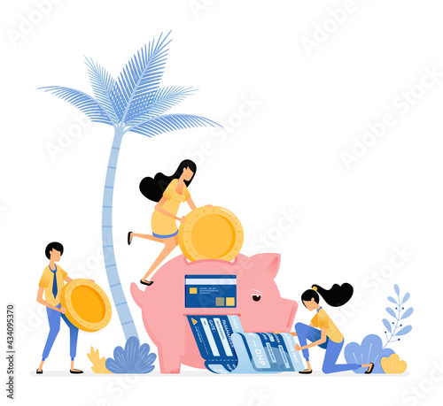 People save in piggy banks to shop for groceries, leisure and pay bills. Vector design illustration can be used for poster, banner, ads, website, web, marketing, flyer