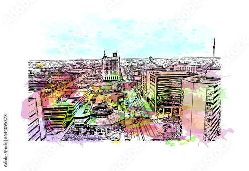 Building view with landmark of Flint is the 
city in Michigan. Watercolor splash with hand drawn sketch illustration in vector.
