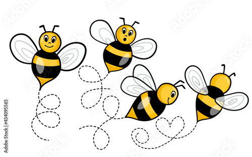 Set of cartoon bee mascot. A small bees flying on a dotted route. Wasp collection. Vector characters. Incest icon. Template design for invitation, cards. Doodle style