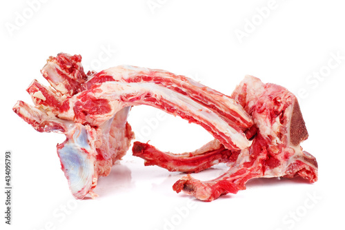 Raw cows bones of ribs or pig on white background, Bone for cooking broth. Food for dogs. Copy space photo