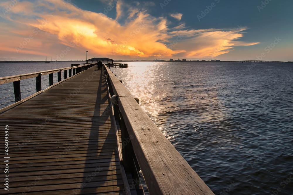 Obraz premium Melbourne beach pier at sunset with Heron birds