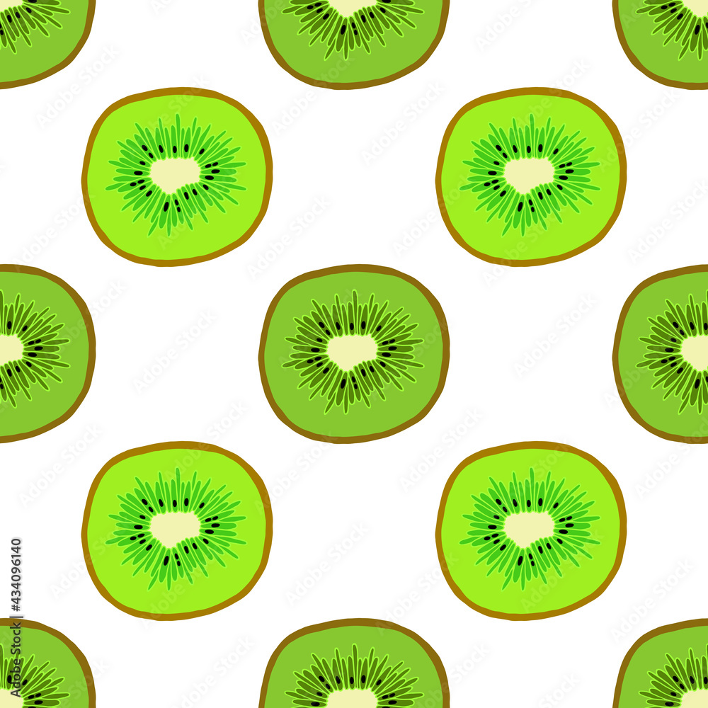 Seamless illustration with green kiwi slices on a white background. Vector drawing.